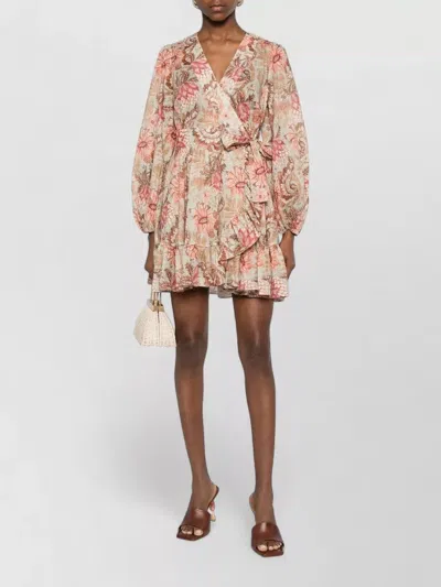 Zimmermann Gathered Cuff Sleeves Mini Dress With Self-tie Belt In Multi