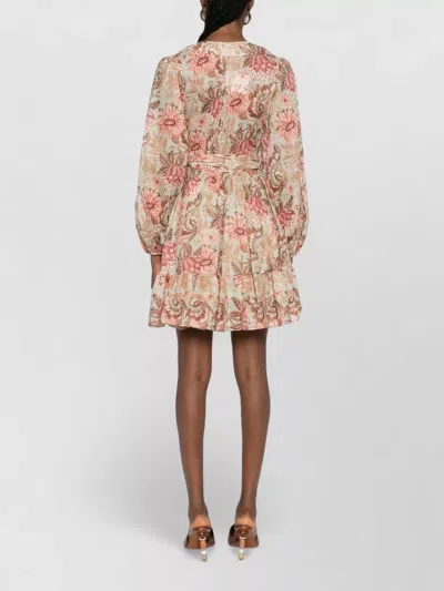 Zimmermann Gathered Cuff Sleeves Mini Dress With Self-tie Belt In Multi