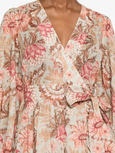 Zimmermann Gathered Cuff Sleeves Mini Dress With Self-tie Belt In Multi