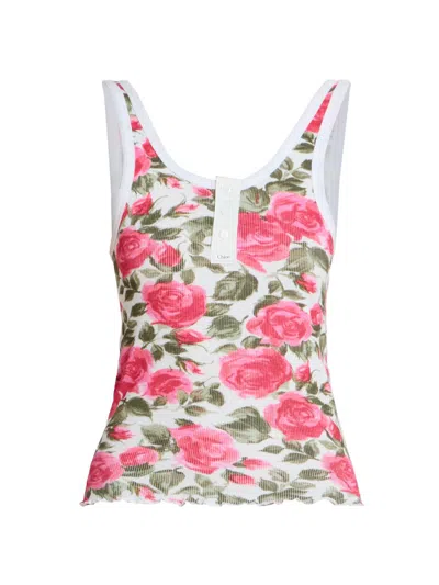 Chloé Cotton Henley Tank Top With All-over Floral Pattern In Multi
