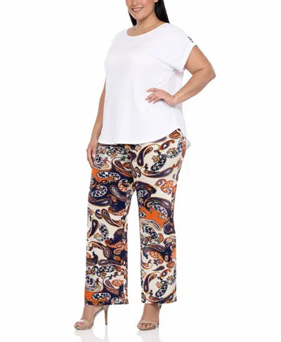 White Mark Plus Size Solid Top Paisley Print Pant Set In White