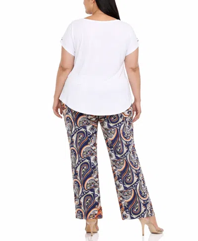 White Mark Plus Size Solid Top Paisley Print Pant Set In White