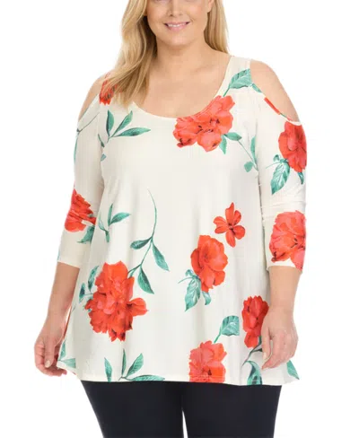 White Mark Plus Size Floral Printed Cold Shoulder Tunic Top In Multi