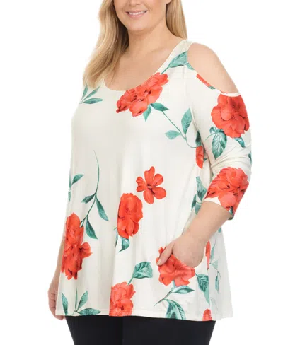 White Mark Plus Size Floral Printed Cold Shoulder Tunic Top In Multi