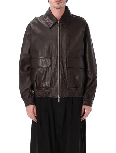 Studio Nicholson Piston Leather Zip-up Jacket In Brown