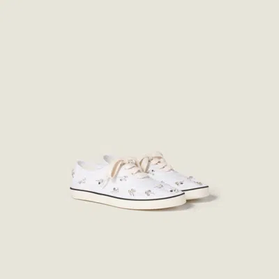 Miu Miu Crystal Embellished Low Top Canvas Sneaker In White