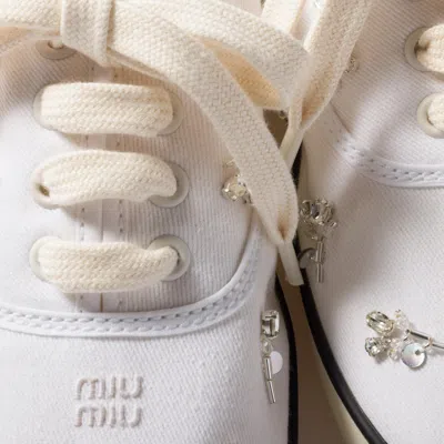 Miu Miu Crystal Embellished Low Top Canvas Sneaker In White