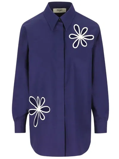 Fendi Poplin Shirt With Cut-out Details In Blue
