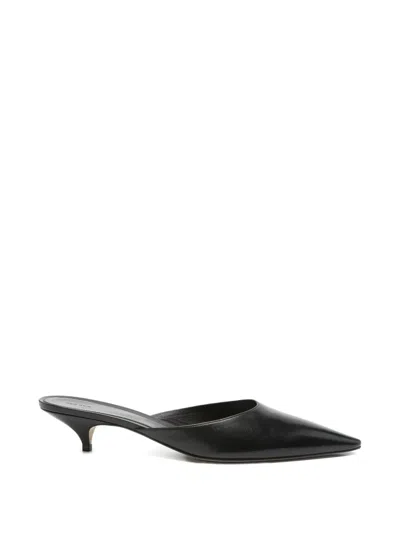 The Row Liisa Leather Kitten Heel Pointed Toe Mules In Black