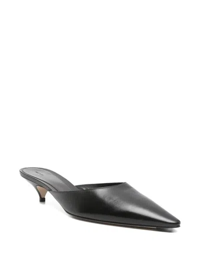 The Row Liisa Leather Kitten Heel Pointed Toe Mules In Black
