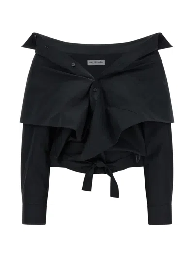 Balenciaga Off Shoulder Crop Shirt Long Sleeves In Black