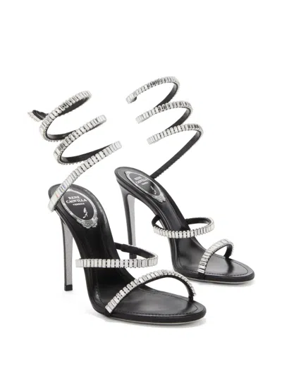 René Caovilla 105mm Cleo Leather Baguette Crystal Sandals In Black