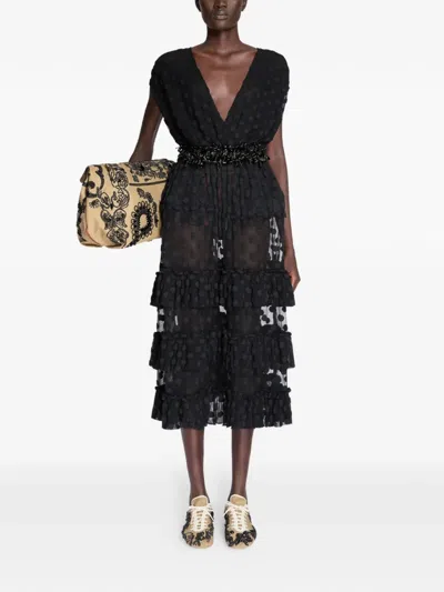 Dries Van Noten Ruffled Polka-dot Cotton-blend Mesh Midi Dress In Black