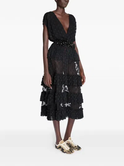 Dries Van Noten Ruffled Polka-dot Cotton-blend Mesh Midi Dress In Black
