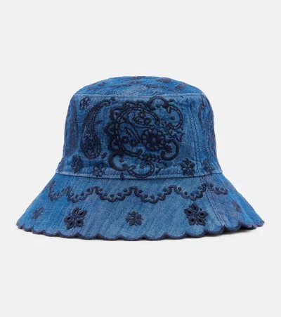 Zimmermann Paisley-embroidered Scallop-edge Bucket Hat In Blue