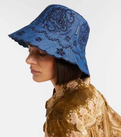 Zimmermann Paisley-embroidered Scallop-edge Bucket Hat In Blue