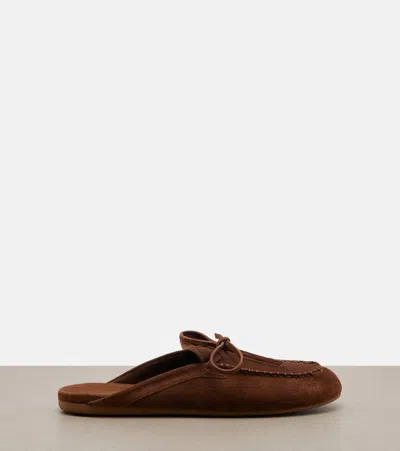 Miu Miu Suede Sabots Rounded Toe Bow Detail In Brown