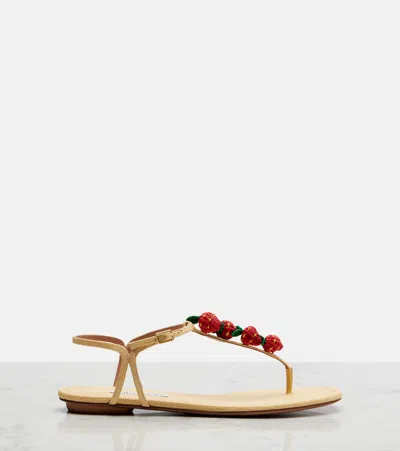 Aquazzura Fragolina Sugar Embellished Raffia-effect Flat Sandals In Neutral