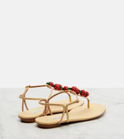 Aquazzura Fragolina Sugar Embellished Raffia-effect Flat Sandals In Neutral