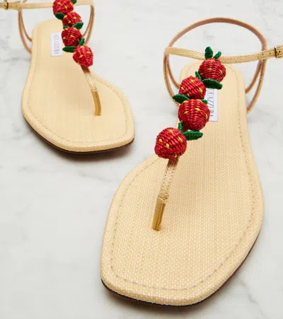 Aquazzura Fragolina Sugar Embellished Raffia-effect Flat Sandals In Neutral