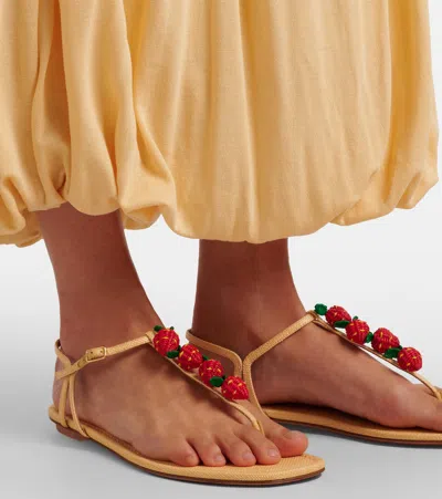 Aquazzura Fragolina Sugar Embellished Raffia-effect Flat Sandals In Neutral
