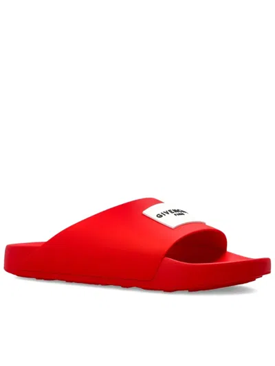 Givenchy Red Polyurethane Label Slide Flat Sandal In Red