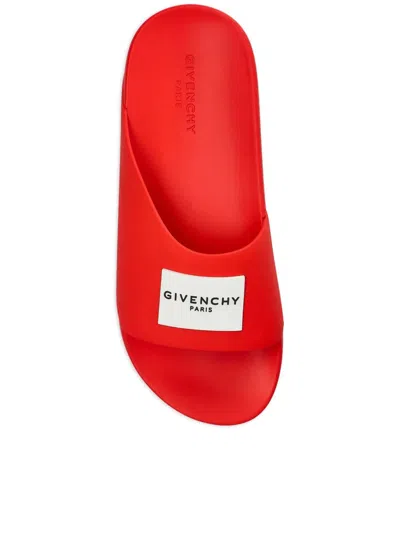 Givenchy Red Polyurethane Label Slide Flat Sandal In Red