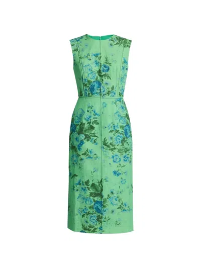 Erdem Floral Print Sleeveless Linen Midi Pencil Dress In Green
