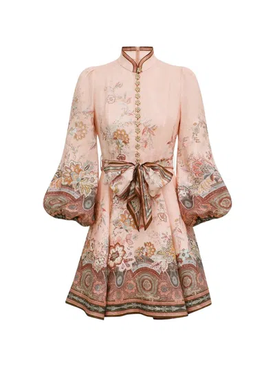 Zimmermann Womens Pink Paisley Alchemy Belted Floral-print Linen Mini Dress In Neutral