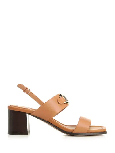 Ferragamo Sandals Block Heel Gancini Buckle In Leather Brown