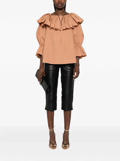 Chloé Ruffled Cotton Blouse With Drawstring Cuffs For Women In Orange