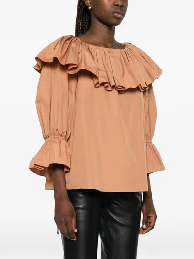 Chloé Ruffled Cotton Blouse With Drawstring Cuffs For Women In Orange