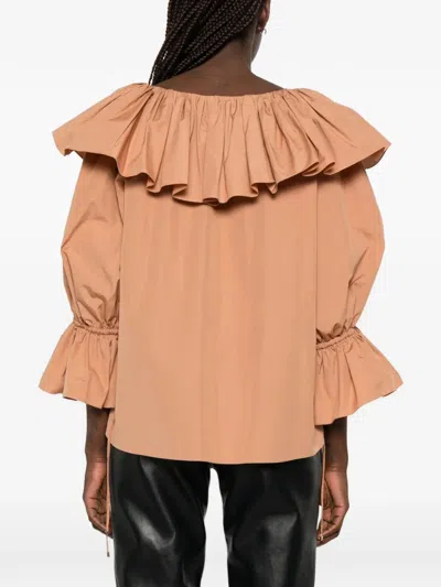 Chloé Ruffled Cotton Blouse With Drawstring Cuffs For Women In Orange