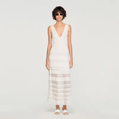 Sandro Womens White V-neck Pointelle Knitted Maxi Dress In Gray