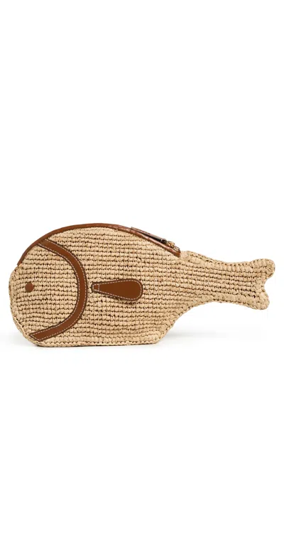 Staud Pesce Leather-trimmed Raffia Clutch In Brown