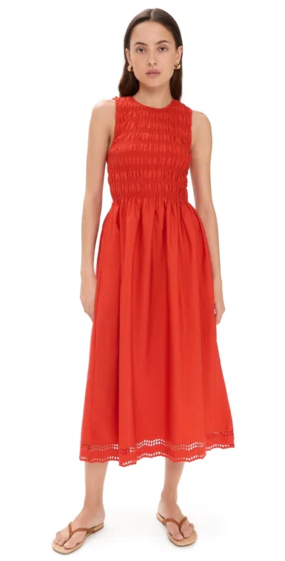 Madewell The Embroidered Melody Smocked Midi Dress Wild Poppy In Red