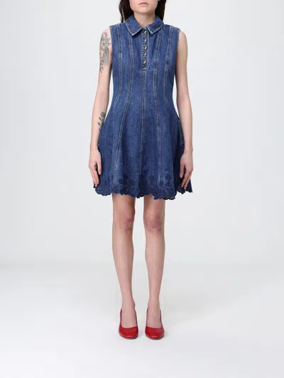 Self-portrait Paneled Broderie Anglaise Denim Mini Dress In Blue