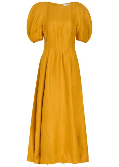 Gabriela Hearst Ranya Puff Sleeve Maxi Dress In Golden Birch Linen Twill In Brown