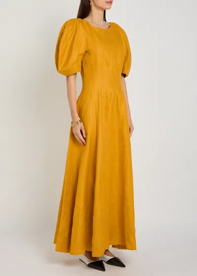 Gabriela Hearst Ranya Puff Sleeve Maxi Dress In Golden Birch Linen Twill In Brown