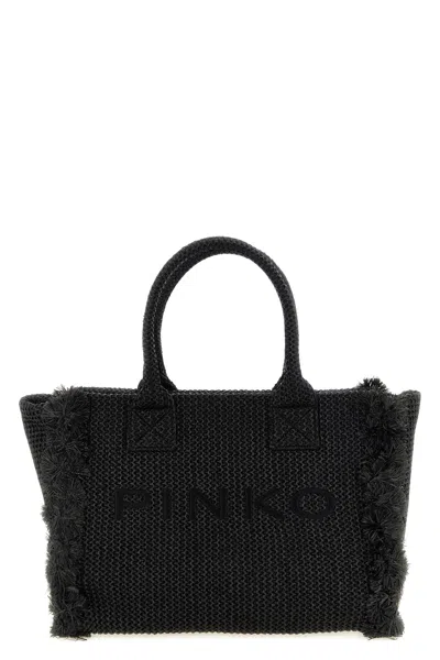 Pinko Frayed Lettering Medium Tote Bag In Black