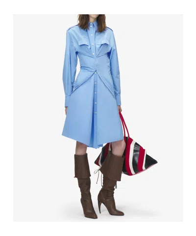 Alexander Mcqueen Mcqueen Long Sleeve Gathered Cotton Blend Shirtdress In Blue
