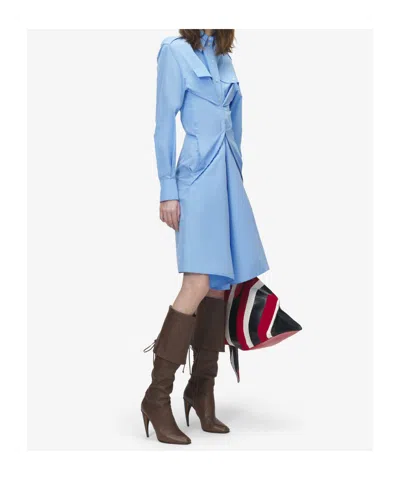 Alexander Mcqueen Mcqueen Long Sleeve Gathered Cotton Blend Shirtdress In Blue