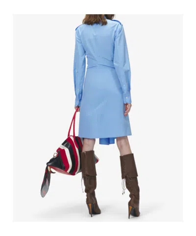 Alexander Mcqueen Mcqueen Long Sleeve Gathered Cotton Blend Shirtdress In Blue