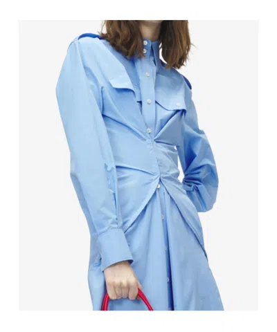 Alexander Mcqueen Mcqueen Long Sleeve Gathered Cotton Blend Shirtdress In Blue