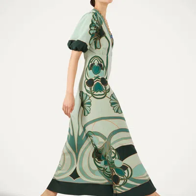 La Doublej Marlene Satin-trimmed Printed Silk-crepe Midi Dress In Green
