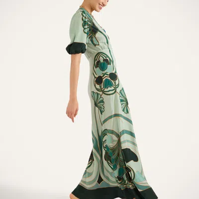 La Doublej Marlene Satin-trimmed Printed Silk-crepe Midi Dress In Green