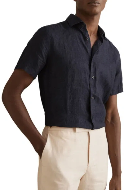 Reiss Mens Navy Holiday Square-collar Short-sleeve Linen Shirt Xs In Blue