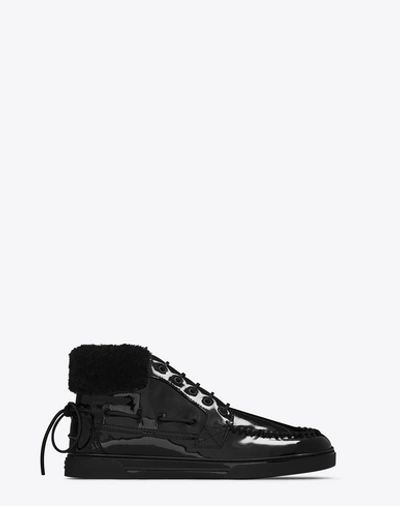 Saint Laurent Joe Mid Top Boat Sneaker In Black Patent Leather