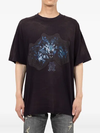 Kamiya Wolf-print Distressed T-shirt In Black