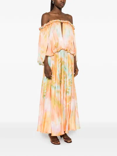 Zimmermann Luna Twist Off-the-shoulder Cutout Gathered Printed Silk-satin Maxi Dress In Orange